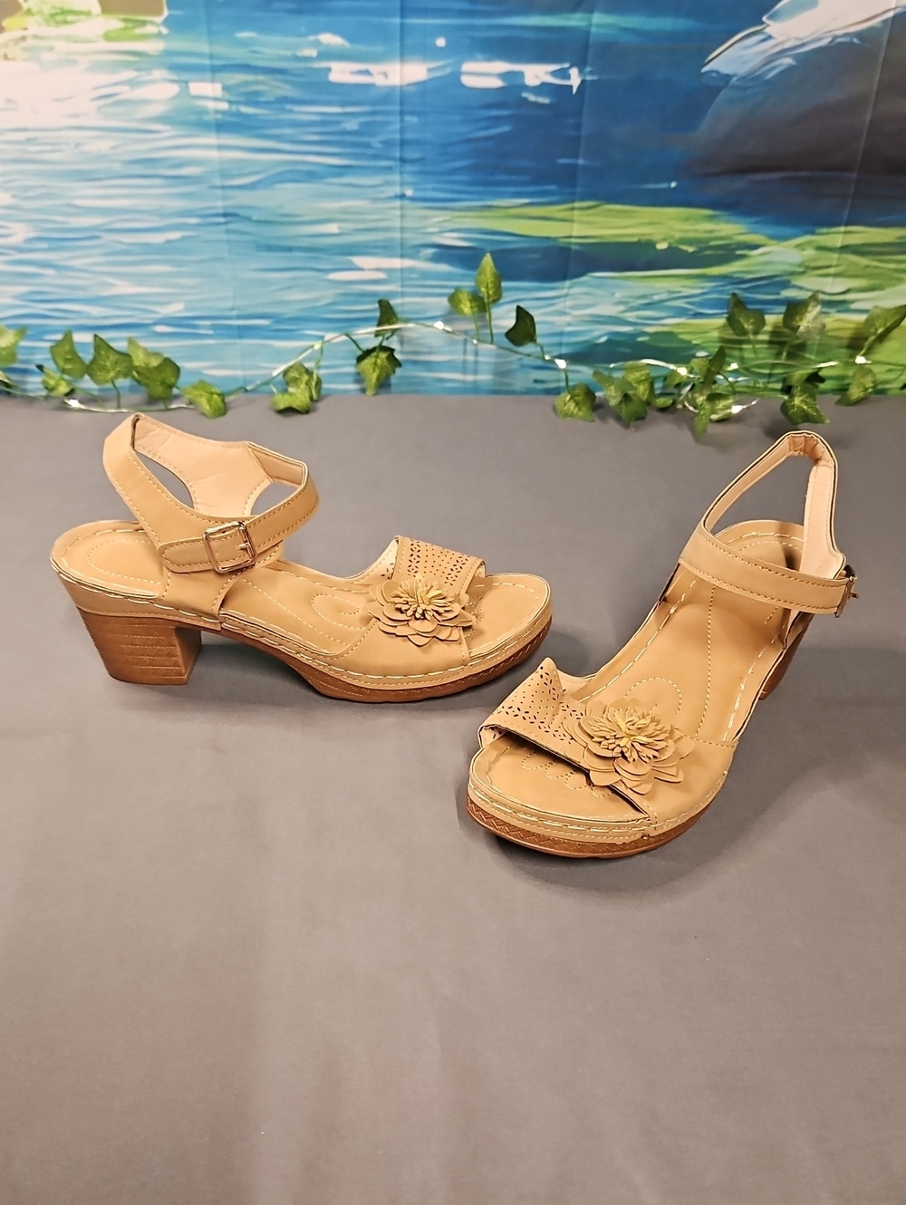 Women’s Tan Floral Block Heel Sandals with Ankle Strap